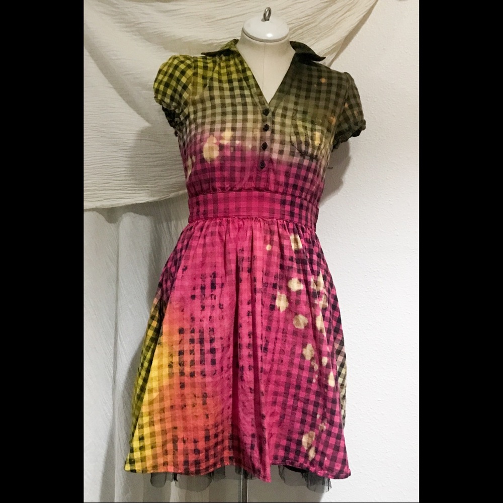 Hand-dyed rainbow gingham dress